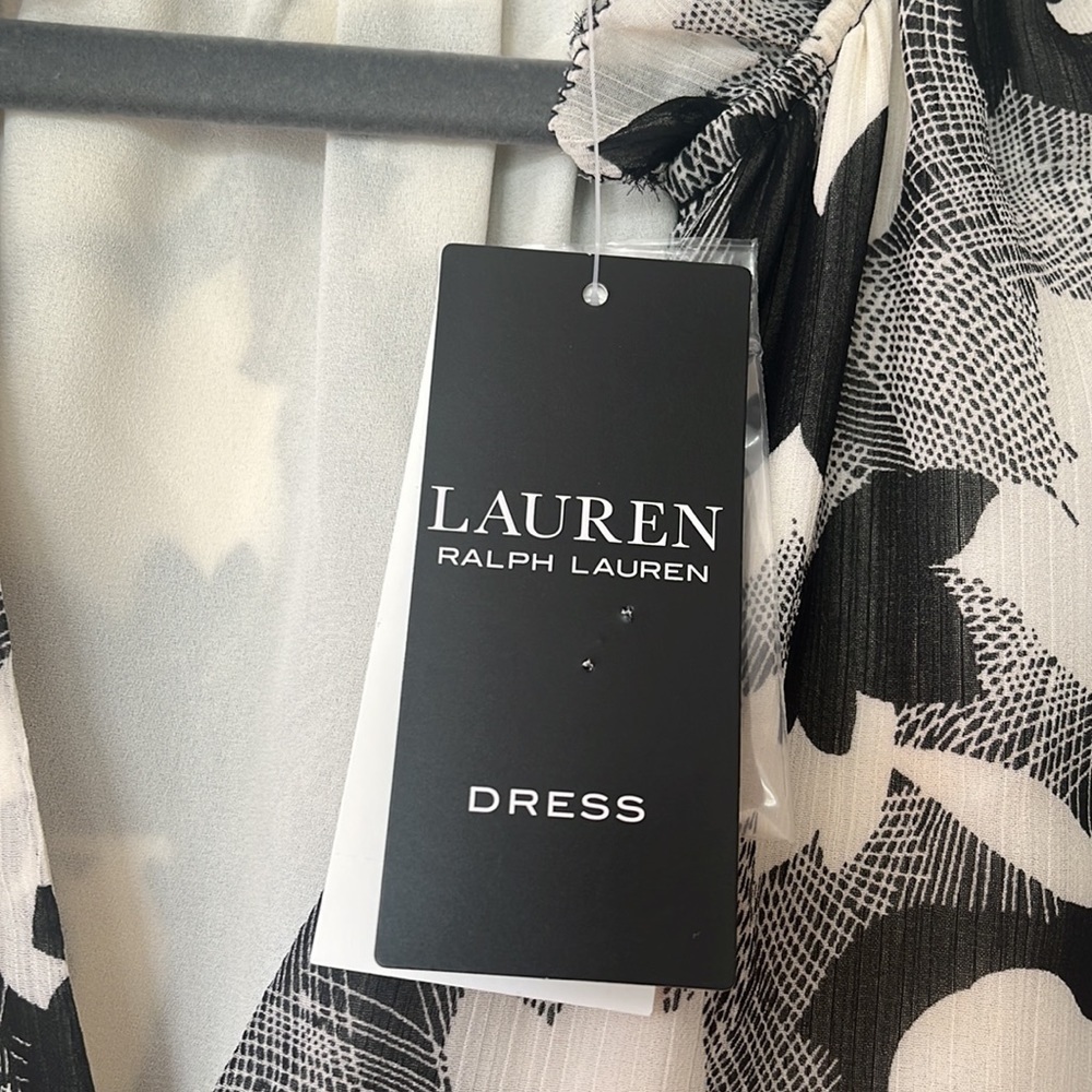 Lauren Ralph Lauren Black/White Floral Chiffon Ruffle knee length dress NWT - Picture 5 of 8